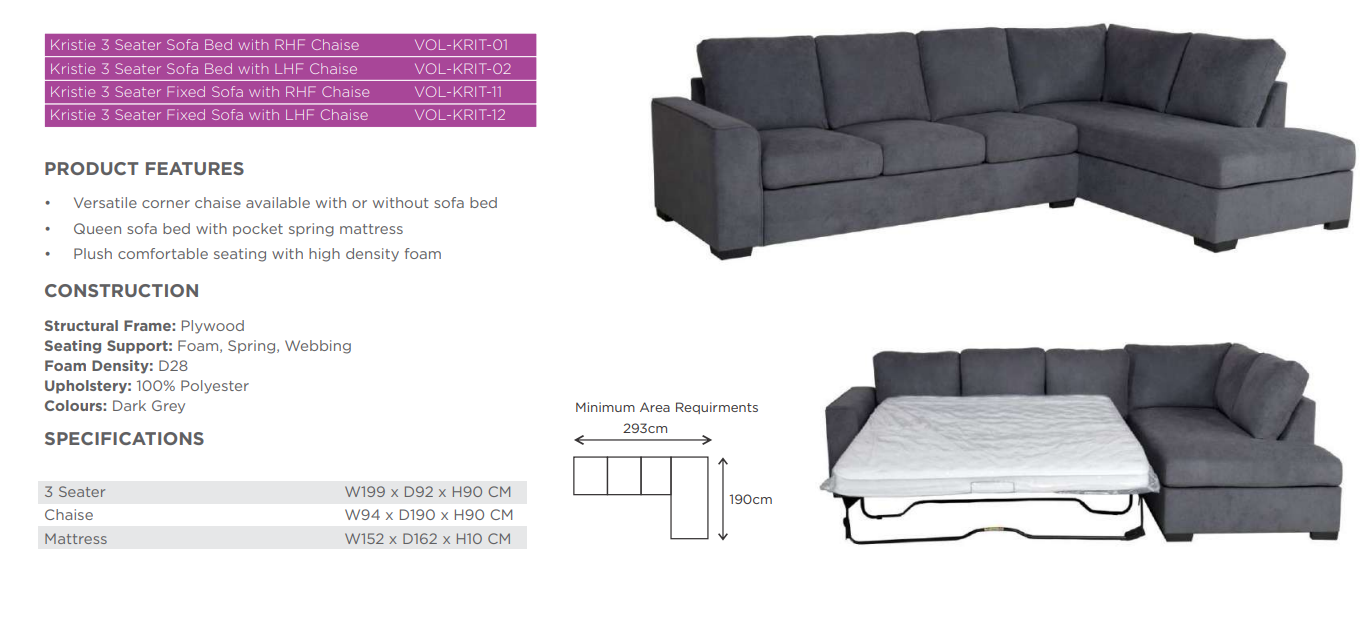 KRISTIE 3 SEATER WITH CHAISE SOFABED